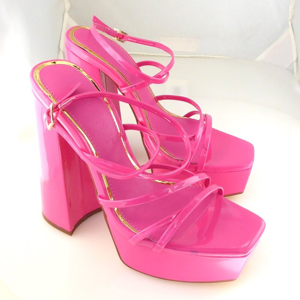 Liliana hot pink glossy patent faux leather thin strappy platform sandals sz 5.5
